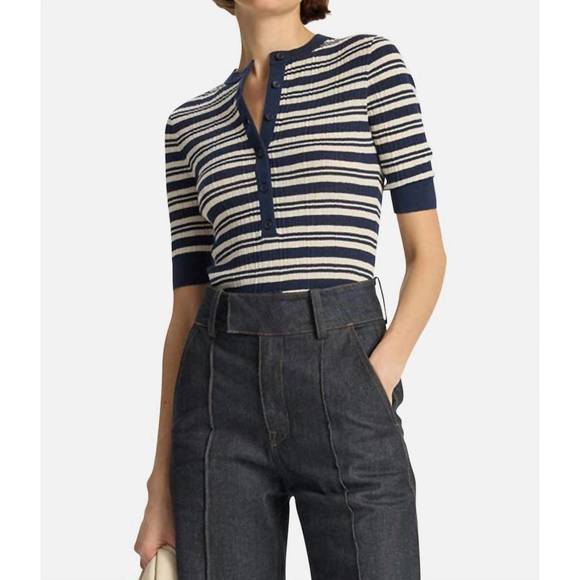 NEW A.L.C. fisher fine cotton knit top in navy white - Picture 1 of 4